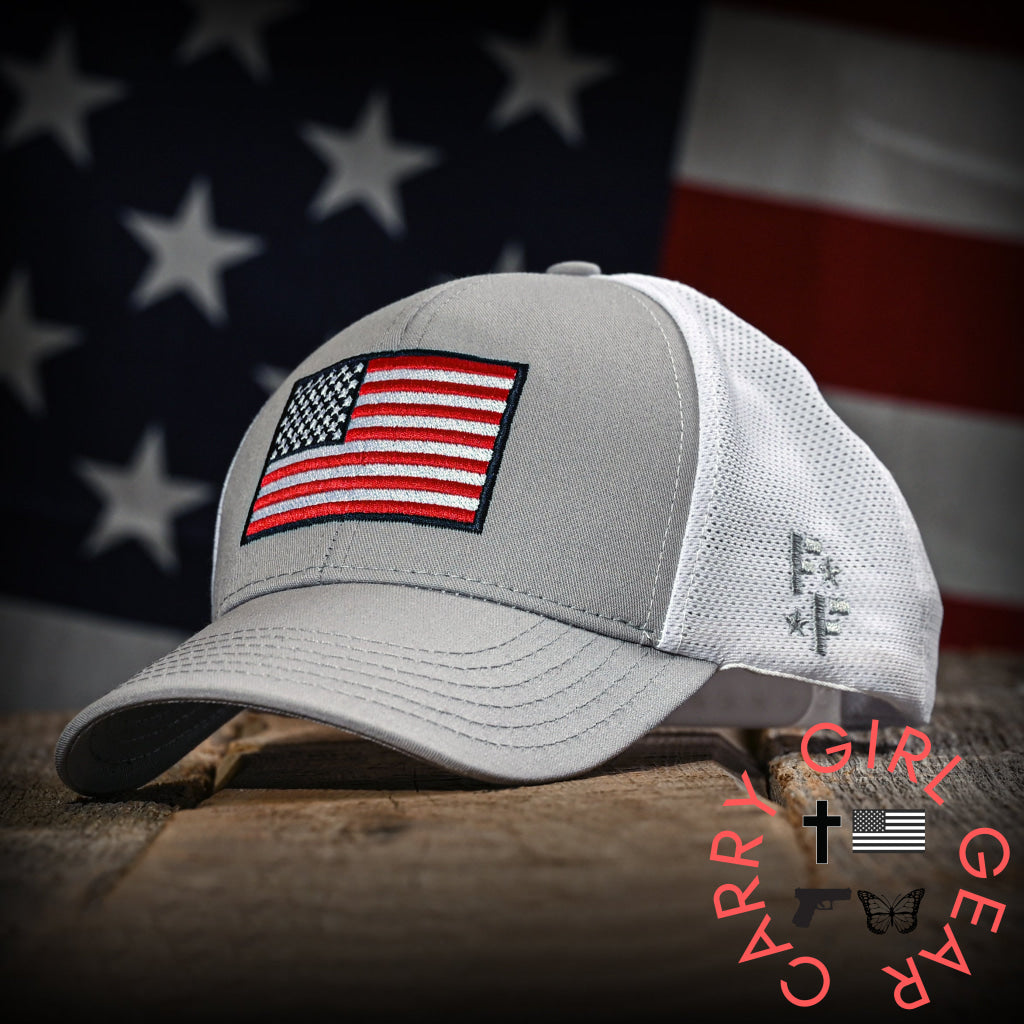 Gray & White Mesh-Back American Flag Trucker Hat Hats