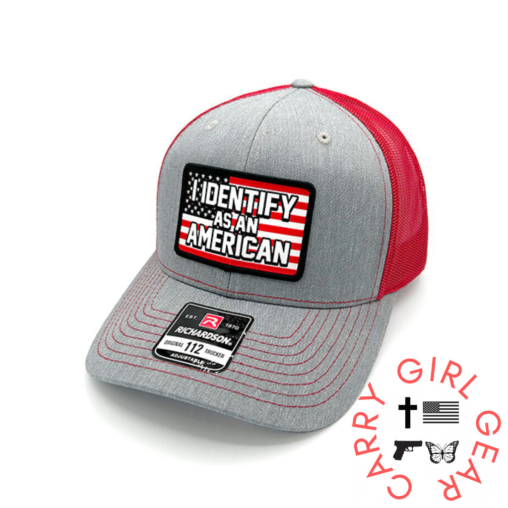 I Identify As An American Woven Patch Hat Curved Bill Snapback / Heather And Red NC - Hats