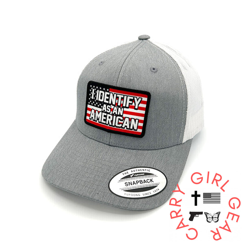 I Identify As An American Woven Patch Hat Curved Bill Snapback / Heather And White NC - Hats