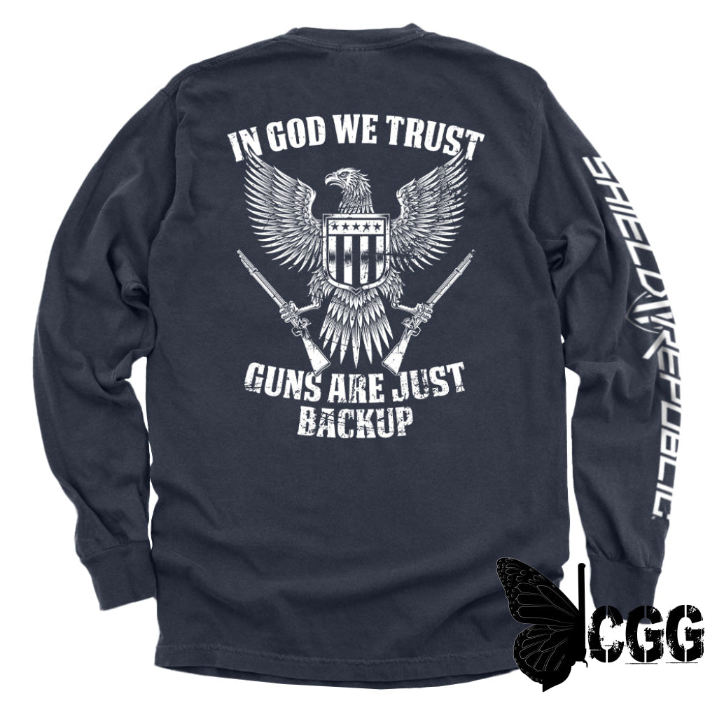 In God We Trust Guns Are Just Backup True Navy / S Comfort Colors Long Sleeve Nc - Apparel