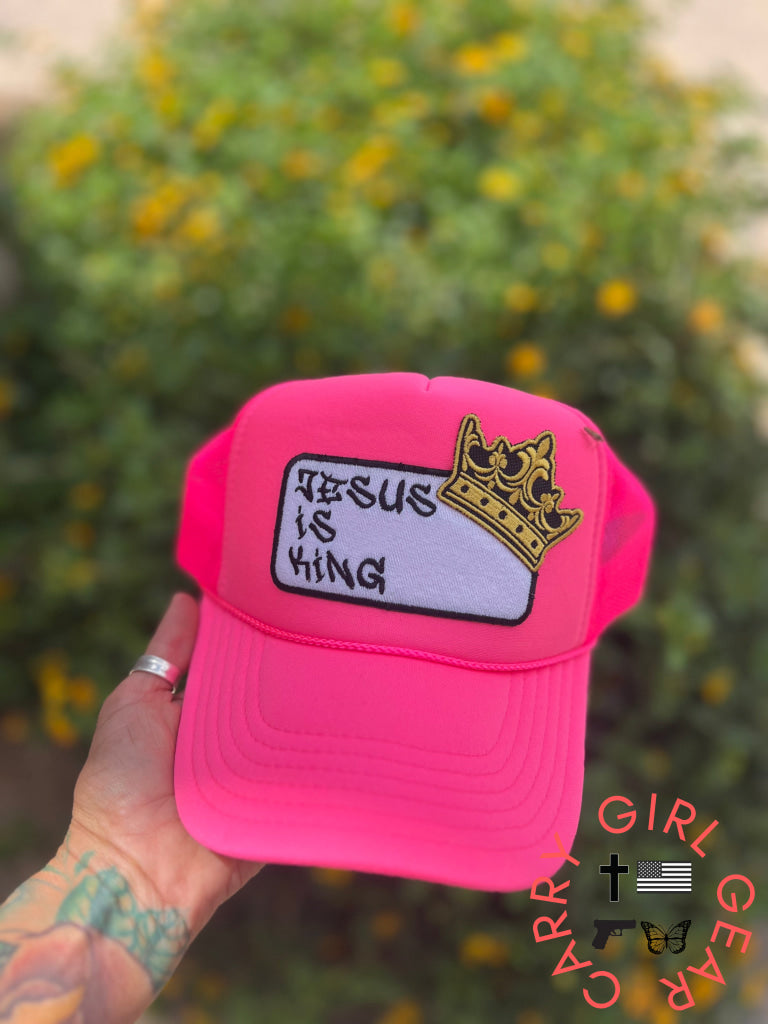 Jesus is King patch trucker hat -clearance Hot Pink