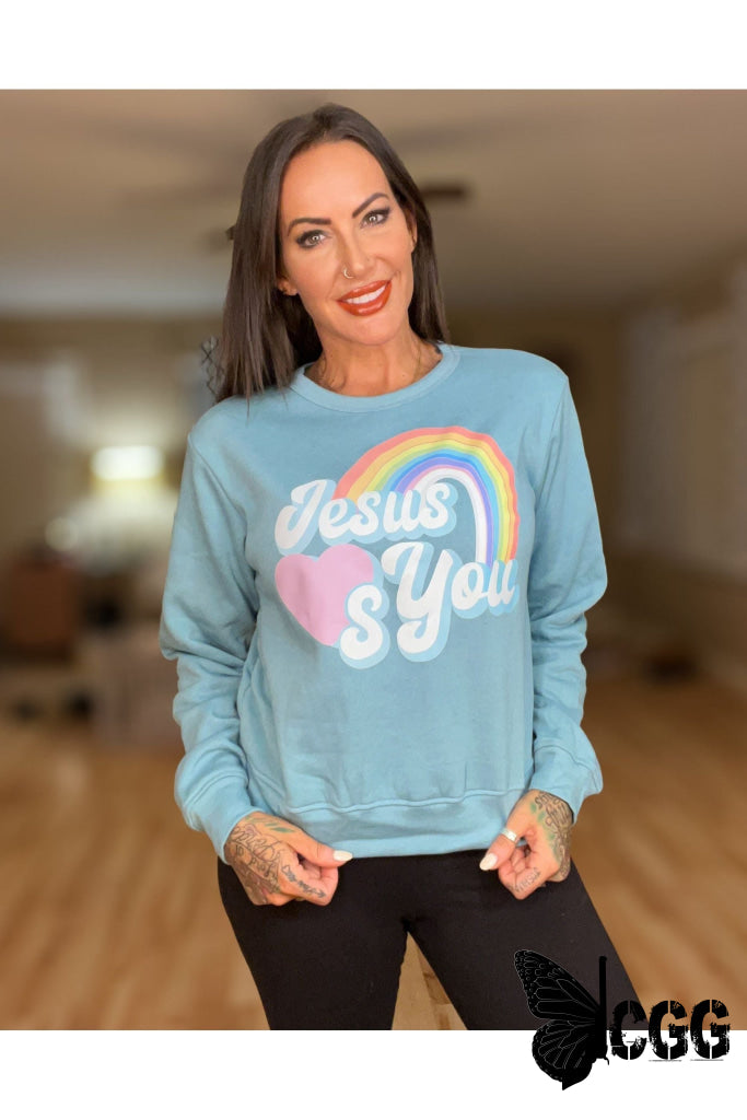 Jesus Loves You Design Dusty Blue Ladies Crew Sweatshirt / Small Crew Sweatshirt