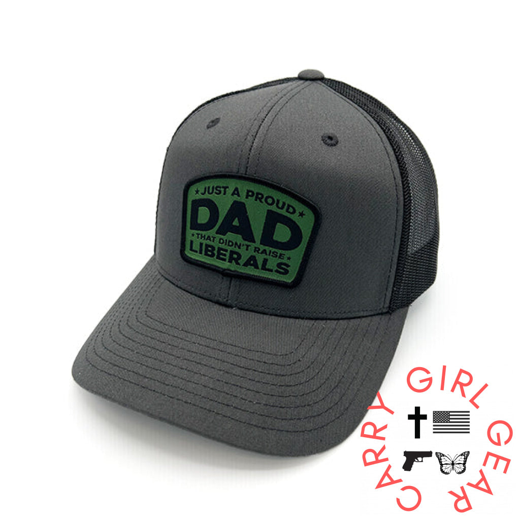 Just A Proud Dad That Didn’t Raise Liberals Woven Patch Hat Curved Bill Snapback / Charcoal And Black NC - Hats