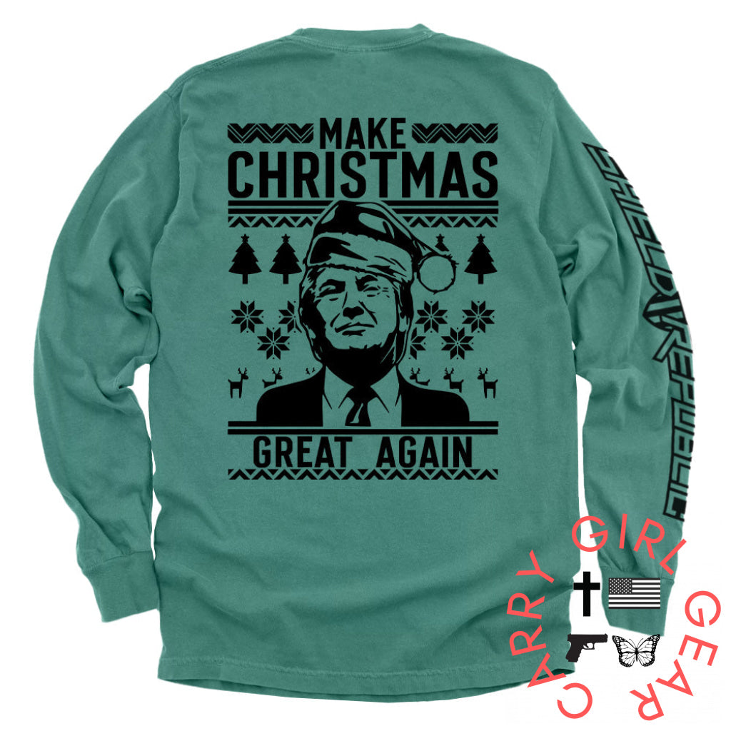 Make Christmas Great Again Trump Sweater Print Comfort Colors Long Sleeve / Light Green / S NC - Apparel