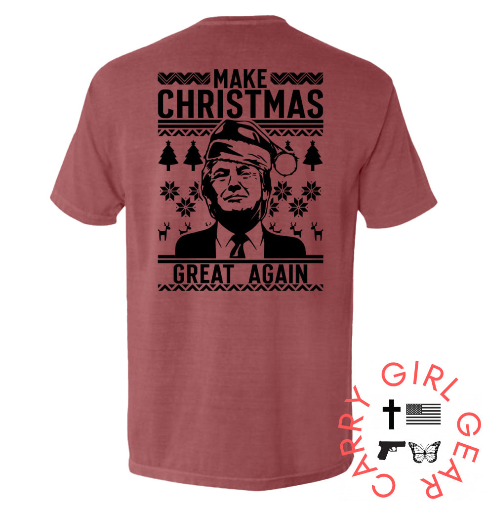 Make Christmas Great Again Trump Sweater Print Comfort Colors Pocket Tee / Crimson / S NC - Apparel