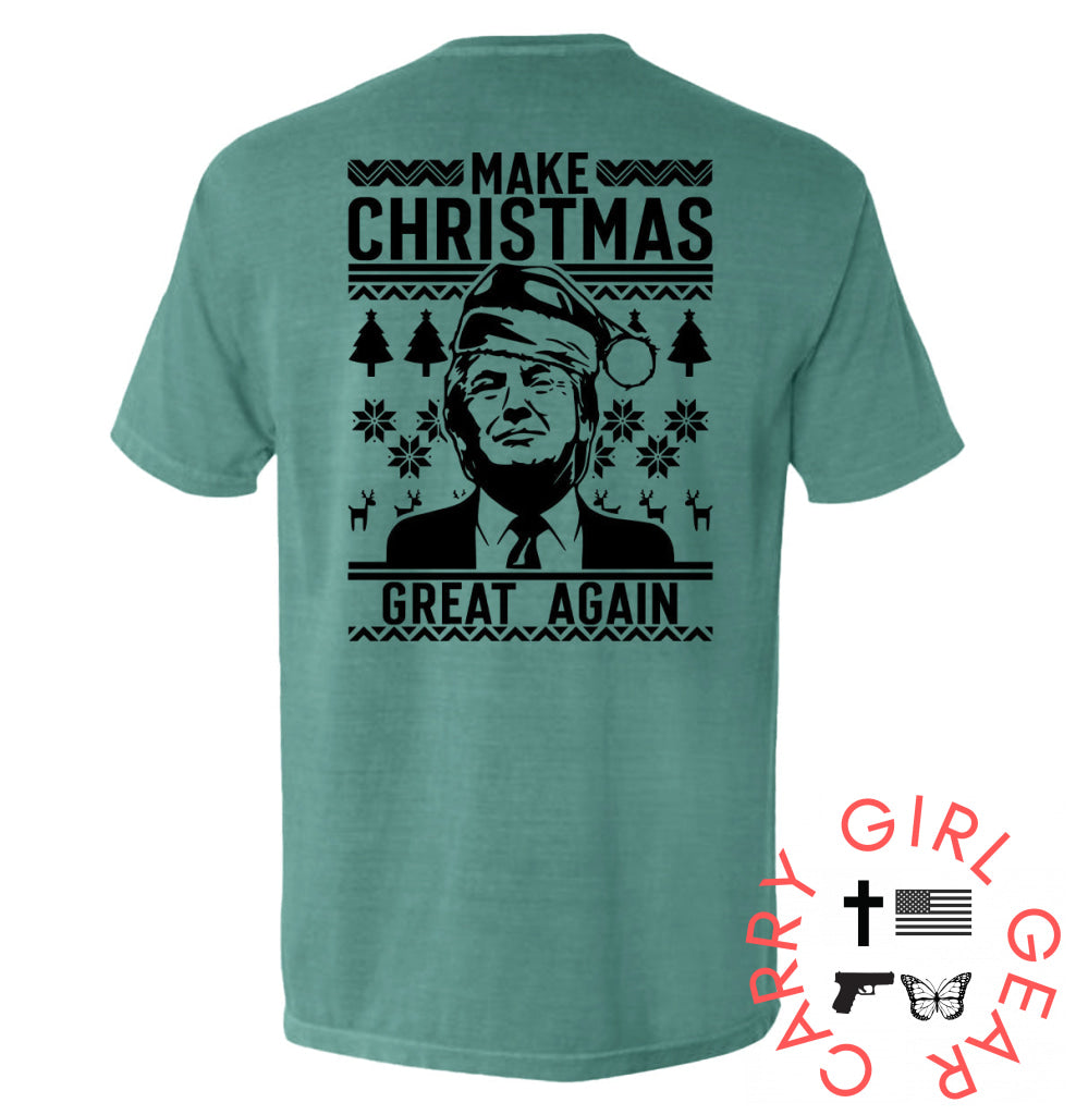 Make Christmas Great Again Trump Sweater Print Comfort Colors Pocket Tee / Light Green / S NC - Apparel