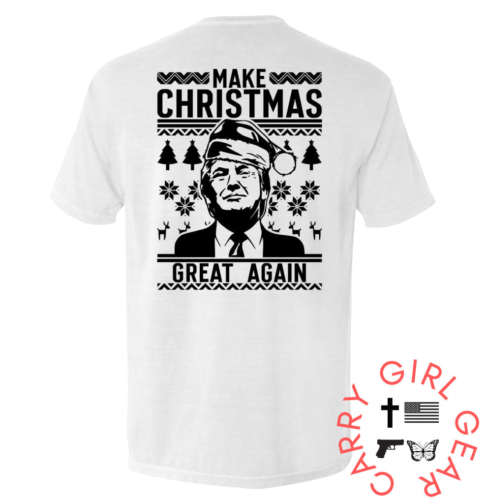 Make Christmas Great Again Trump Sweater Print Comfort Colors Pocket Tee / White / S NC - Apparel