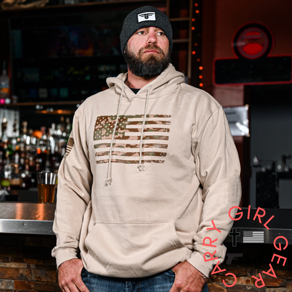 Men’s Heavyweight Oversized Arid Camo Flag Hoodie (Sand) S Sweatshirt