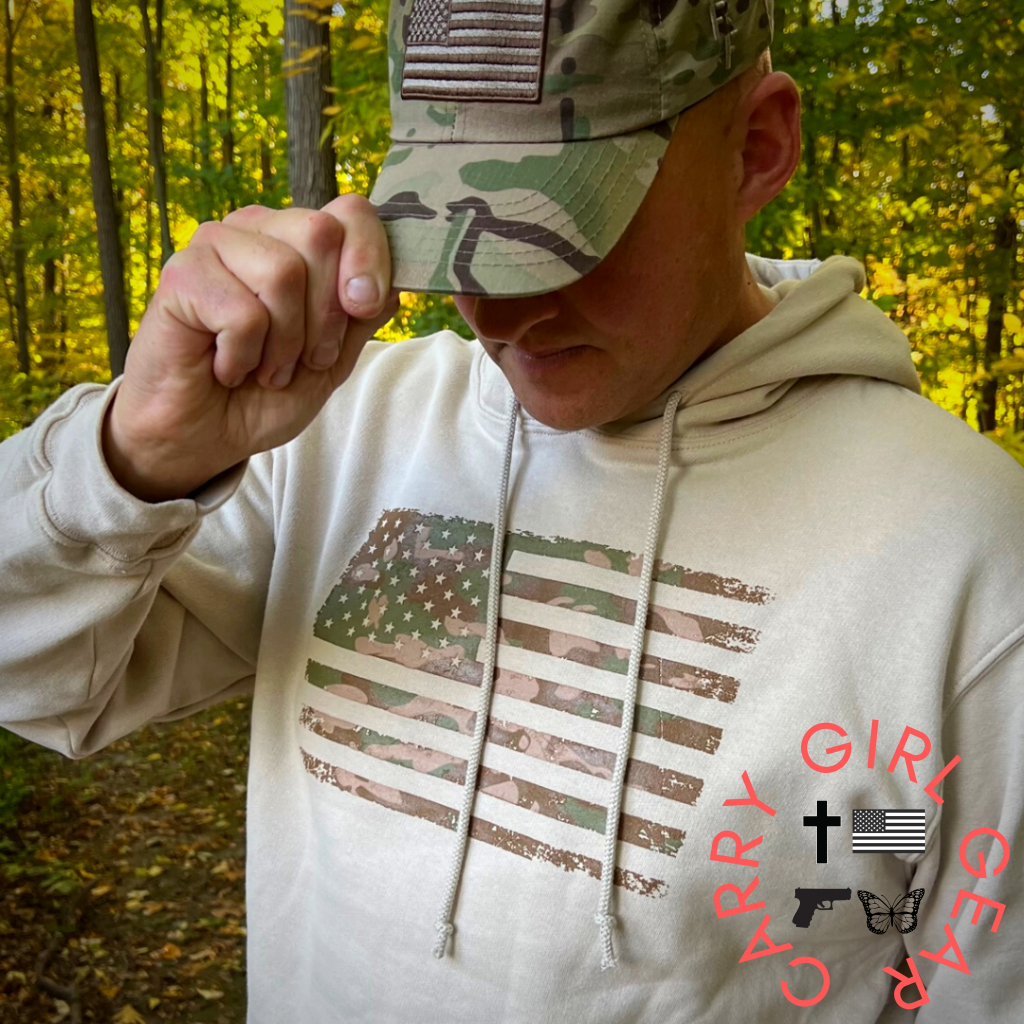 Men’s Heavyweight Oversized Arid Camo Flag Hoodie (Sand) Sweatshirt