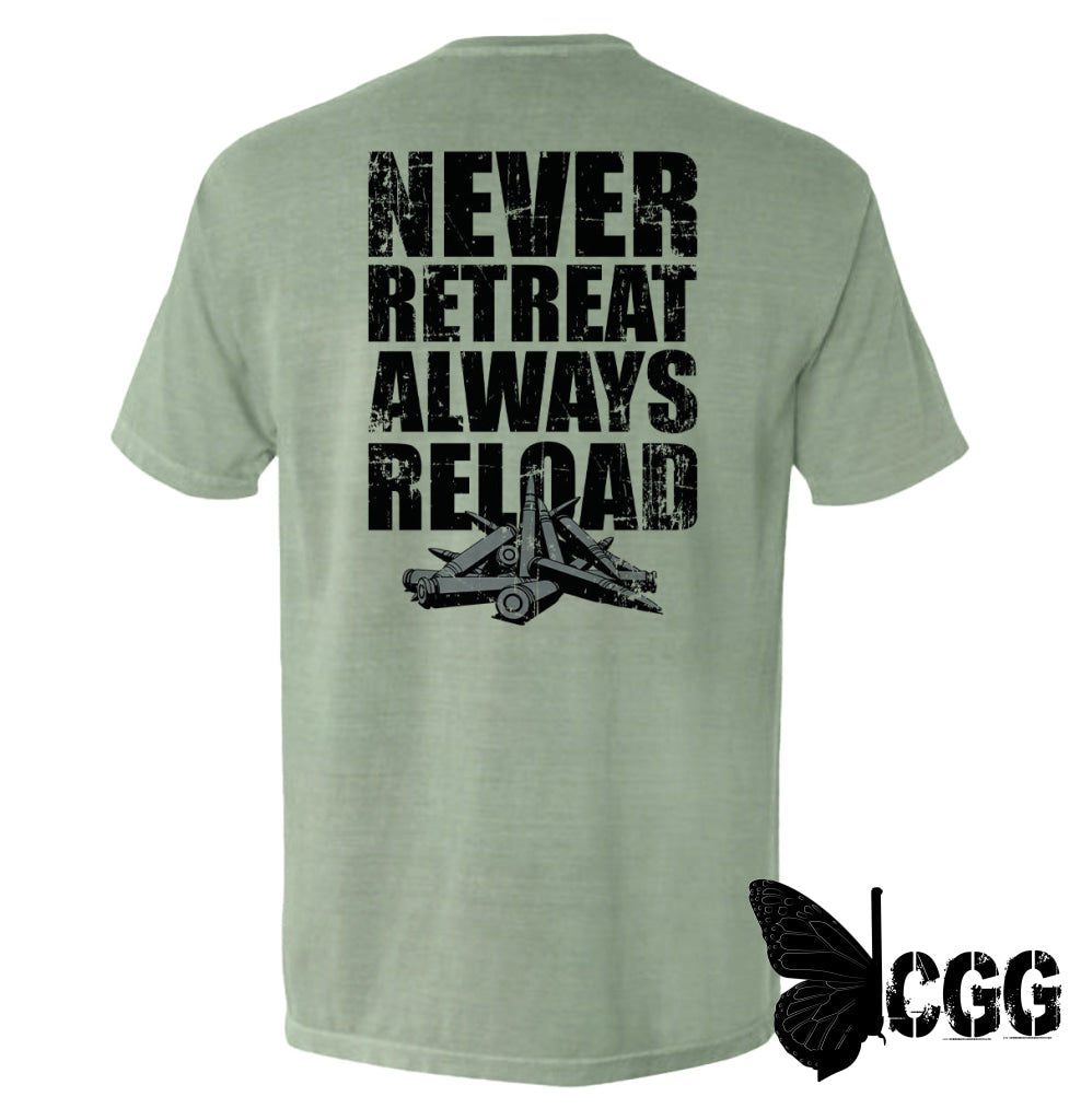 Never Retreat Always Reload Bay / S Comfort Colors Pocket Tee Nc - Apparel