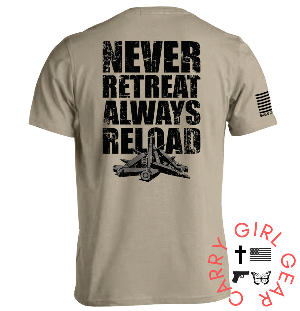 Never Retreat Always Reload Tan / S Tee Nc - Apparel