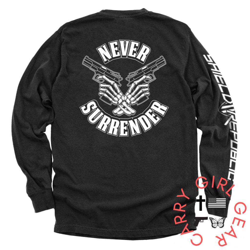 Never Surrender Black / S Comfort Colors Long Sleeve Nc - Apparel
