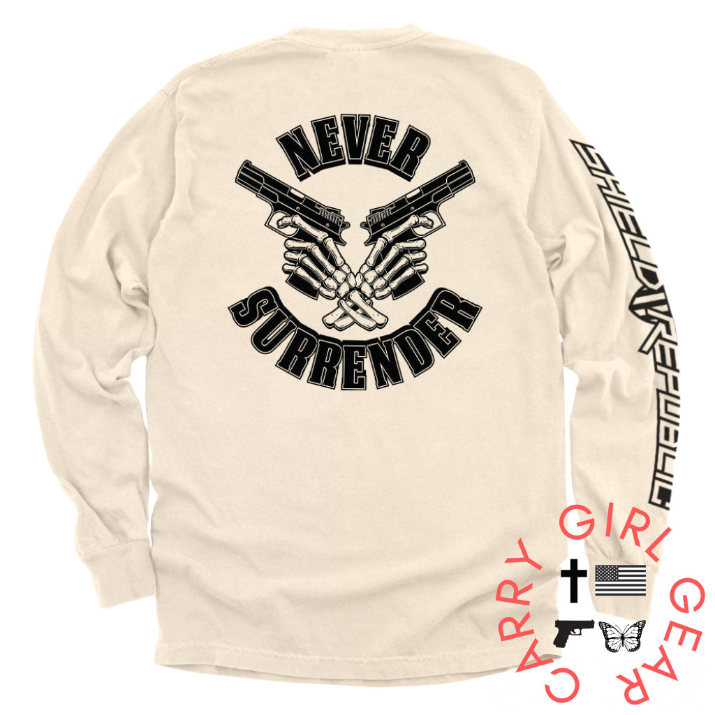 Never Surrender Ivory / S Comfort Colors Long Sleeve Nc - Apparel