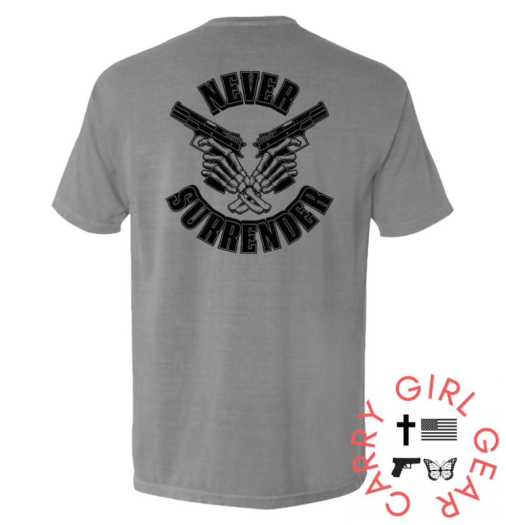 Never Surrender Grey / S Comfort Colors Pocket Tee Nc - Apparel