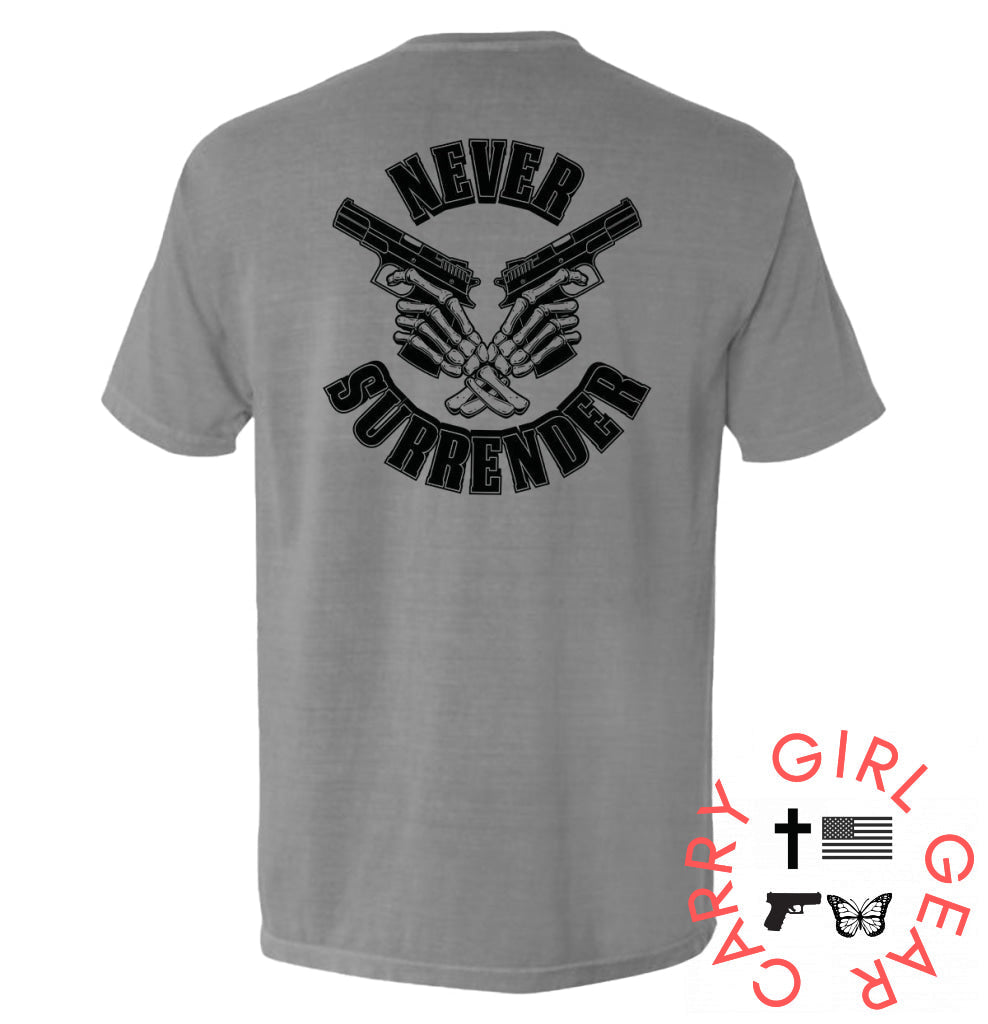 Never Surrender Grey / S Comfort Colors Pocket Tee Nc - Apparel