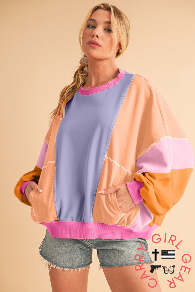 Orchid Petal Colorblock Patchwork Drop Shoulder Top Long Sleeve Tops