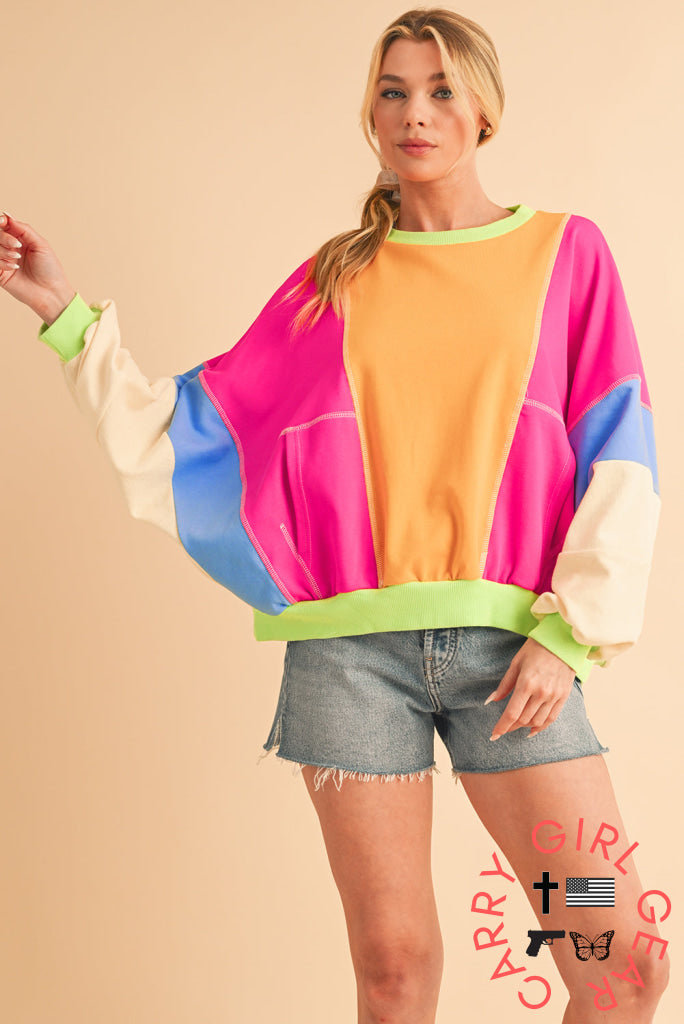 Orchid Petal Colorblock Patchwork Drop Shoulder Top Long Sleeve Tops