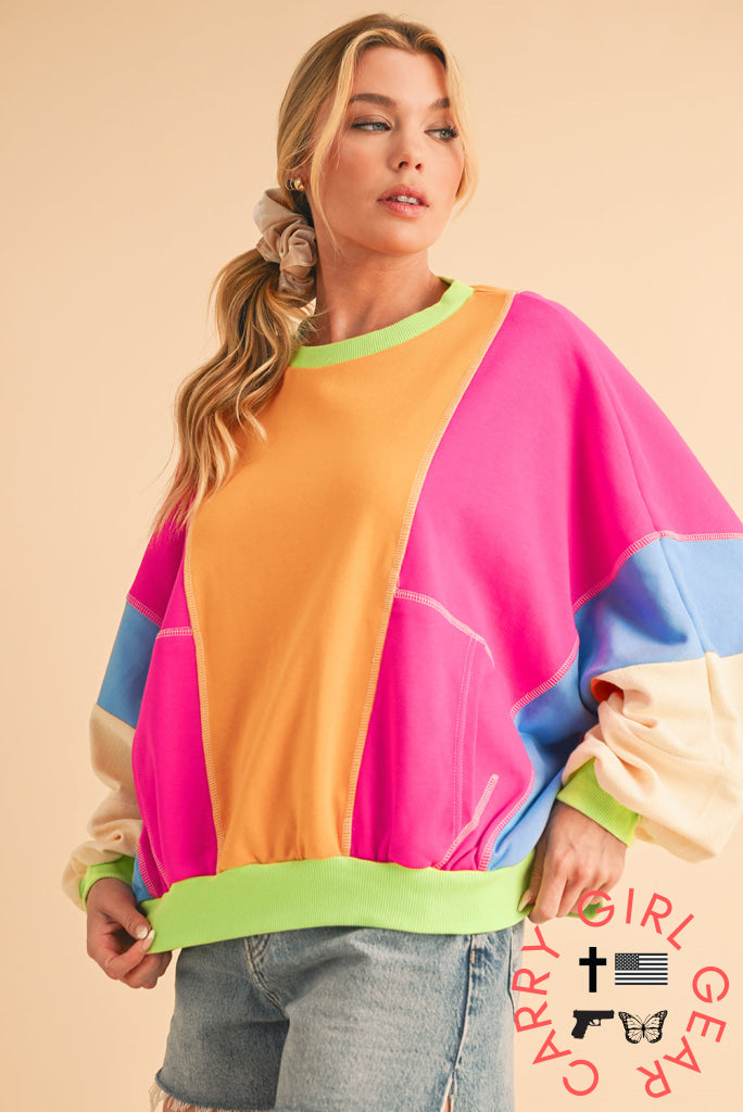Orchid Petal Colorblock Patchwork Drop Shoulder Top Long Sleeve Tops