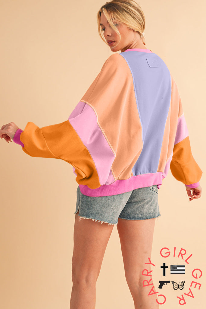 Orchid Petal Colorblock Patchwork Drop Shoulder Top Long Sleeve Tops