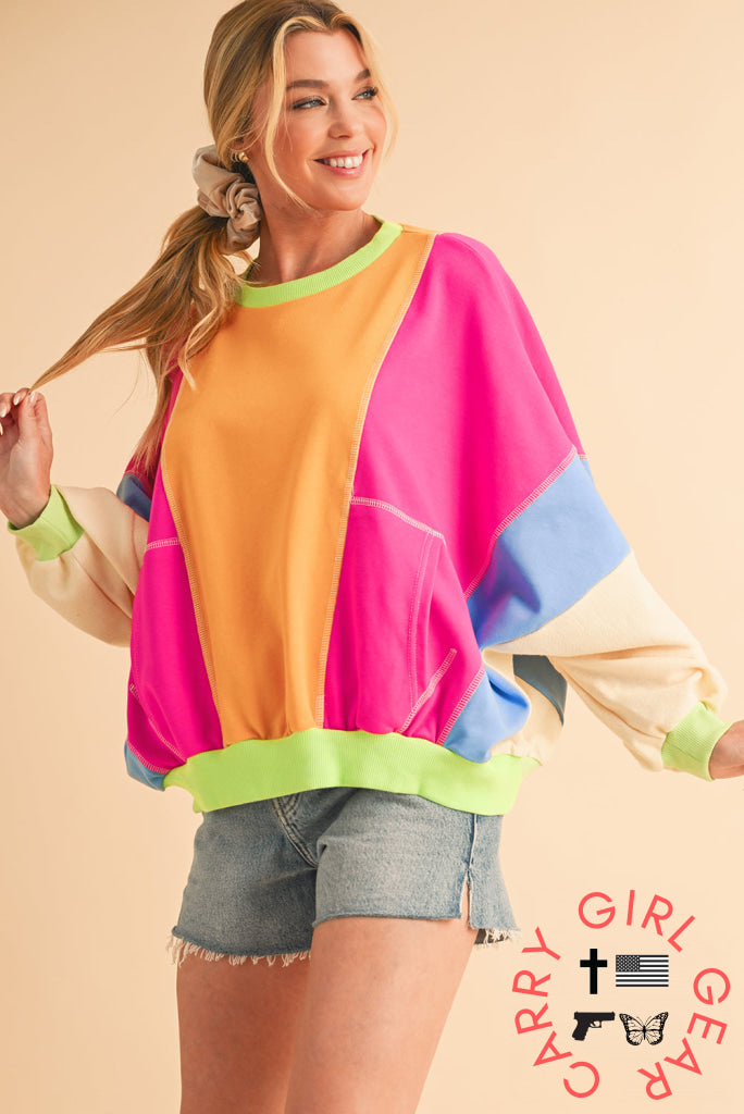 Orchid Petal Colorblock Patchwork Drop Shoulder Top Long Sleeve Tops