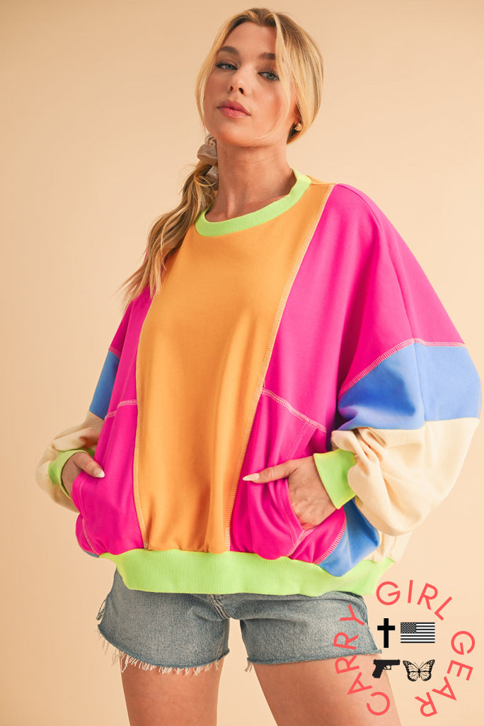 Orchid Petal Colorblock Patchwork Drop Shoulder Top Long Sleeve Tops