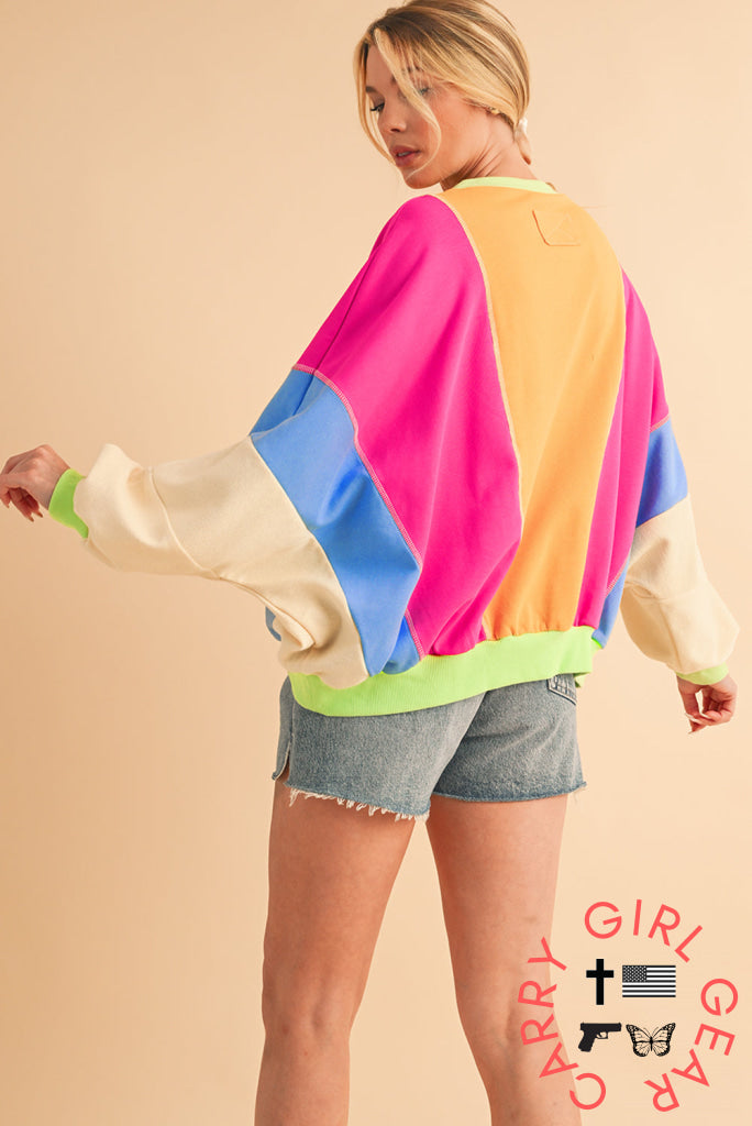 Orchid Petal Colorblock Patchwork Drop Shoulder Top Long Sleeve Tops