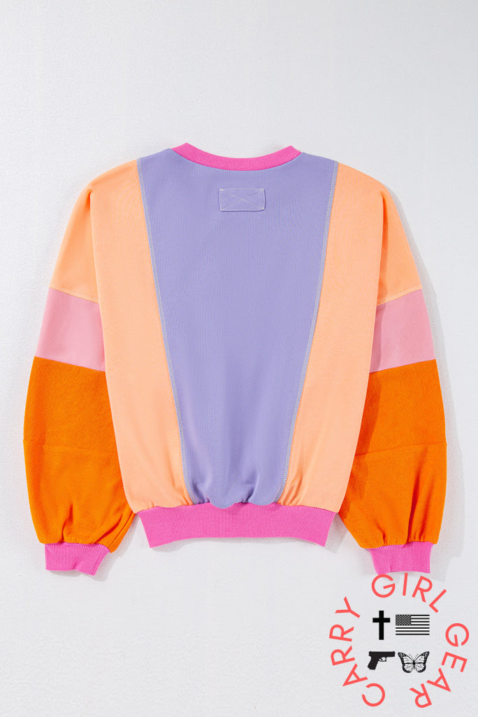 Orchid Petal Colorblock Patchwork Drop Shoulder Top Long Sleeve Tops