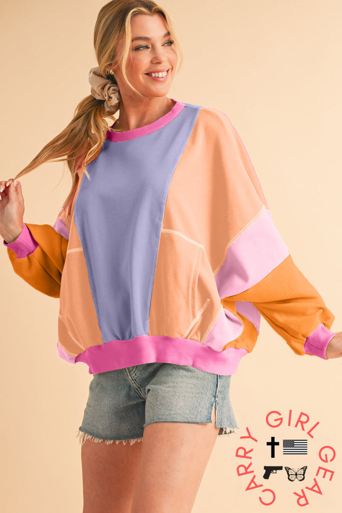 Orchid Petal Colorblock Patchwork Drop Shoulder Top Long Sleeve Tops