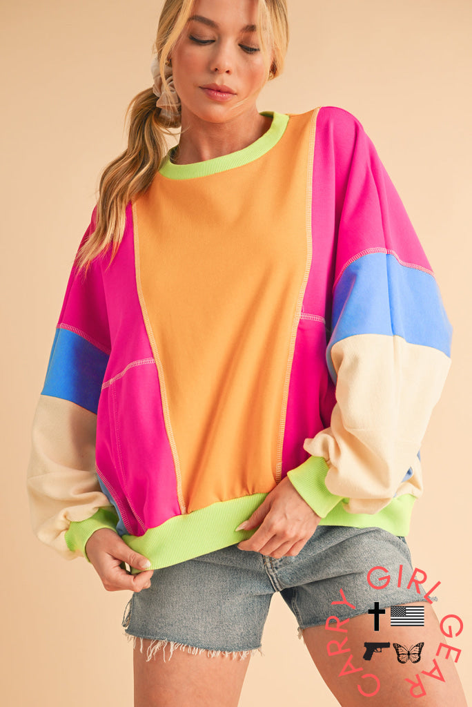 Orchid Petal Colorblock Patchwork Drop Shoulder Top Long Sleeve Tops