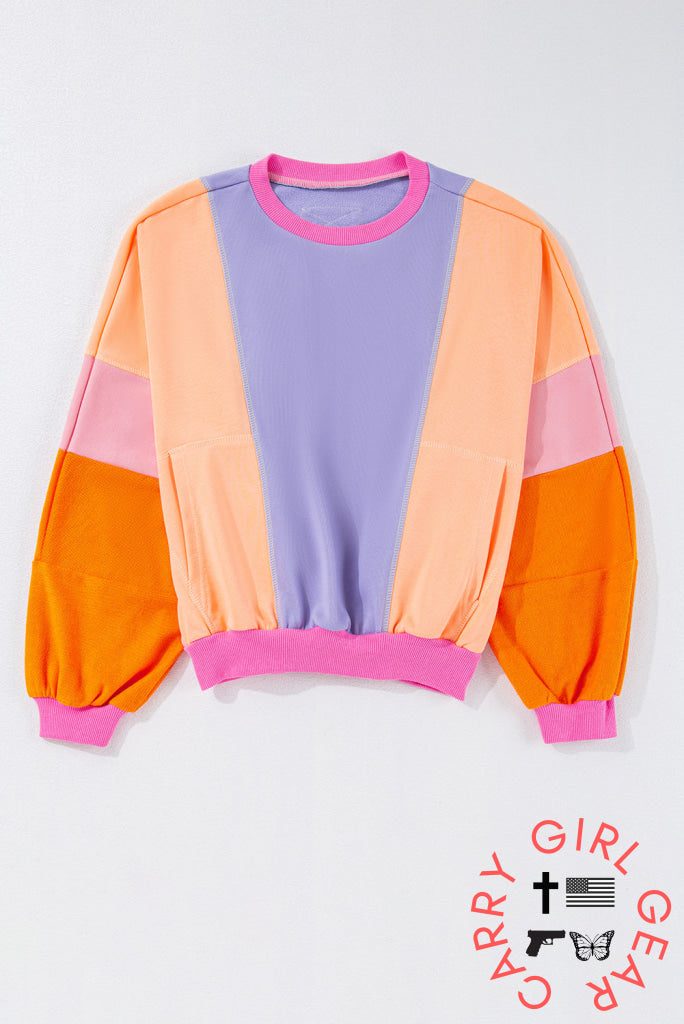 Orchid Petal Colorblock Patchwork Drop Shoulder Top Long Sleeve Tops