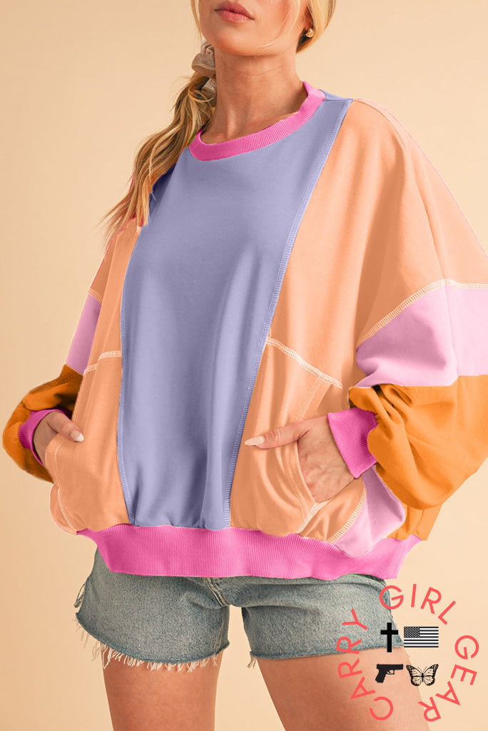 Orchid Petal Colorblock Patchwork Drop Shoulder Top S Long Sleeve Tops