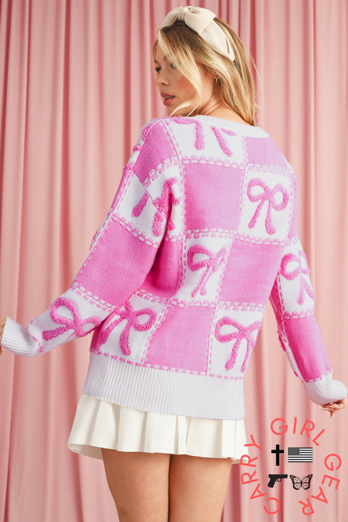 Pink Sweet Bow Two Tone Checkered Sweater Sweaters