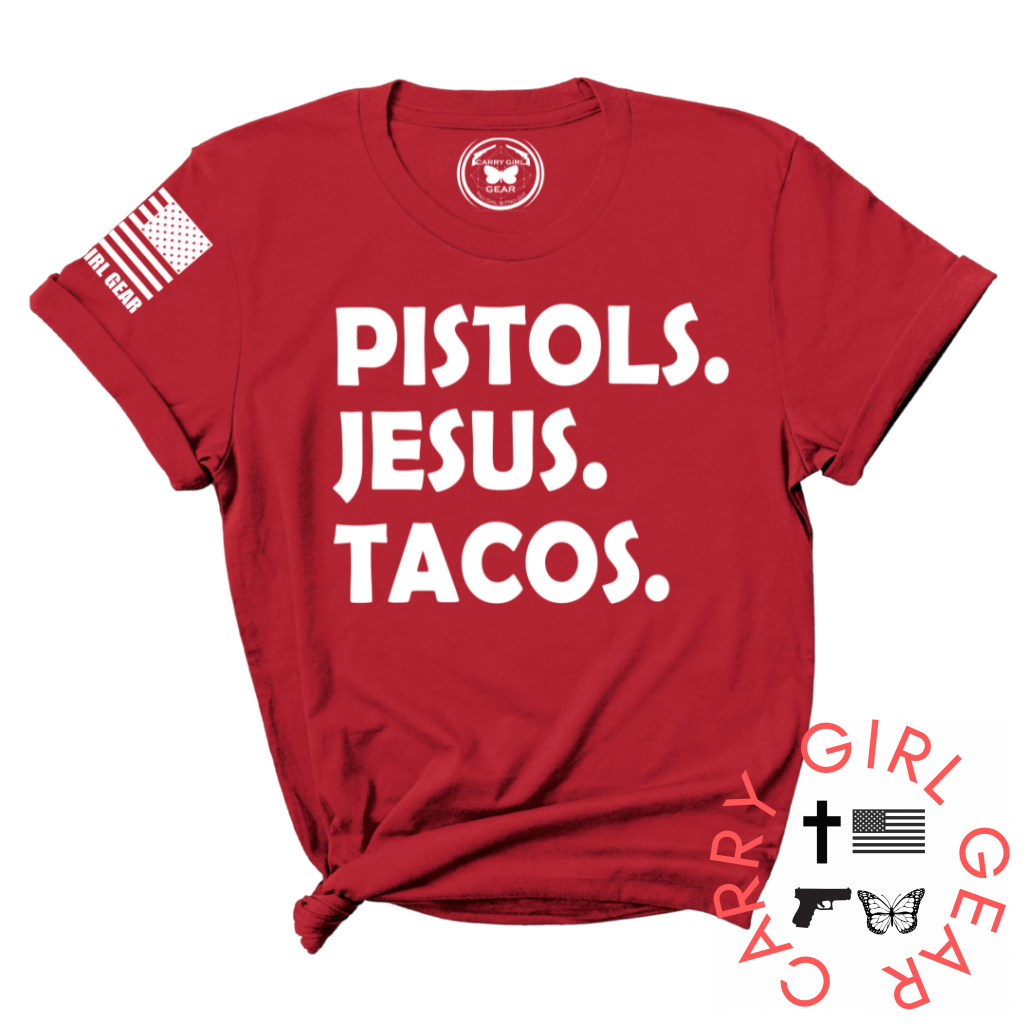 Pistols Jesus Tacos Tee Xs / Red Unisex Cut Cgg Perfect Tee