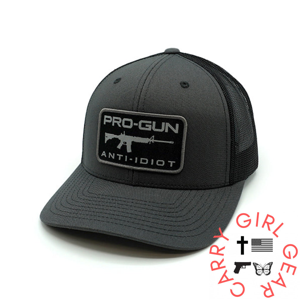 Pro Gun Anti Idiot Woven Patch Hat Curved Bill Snapback / Charcoal And Black NC - Hats