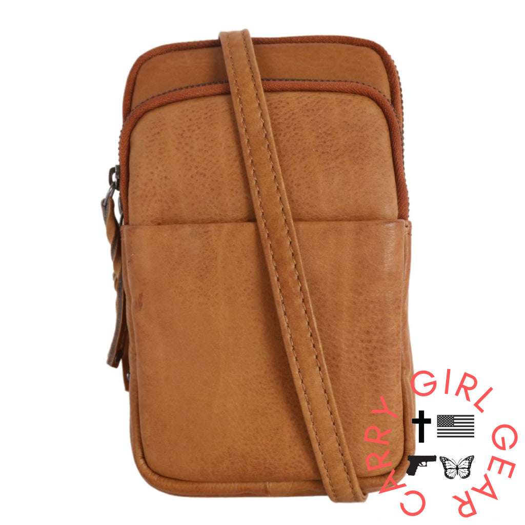 Shay Leather Rfid Crossbody By Lady Conceal For Tasers And Pepper Spray Cognac