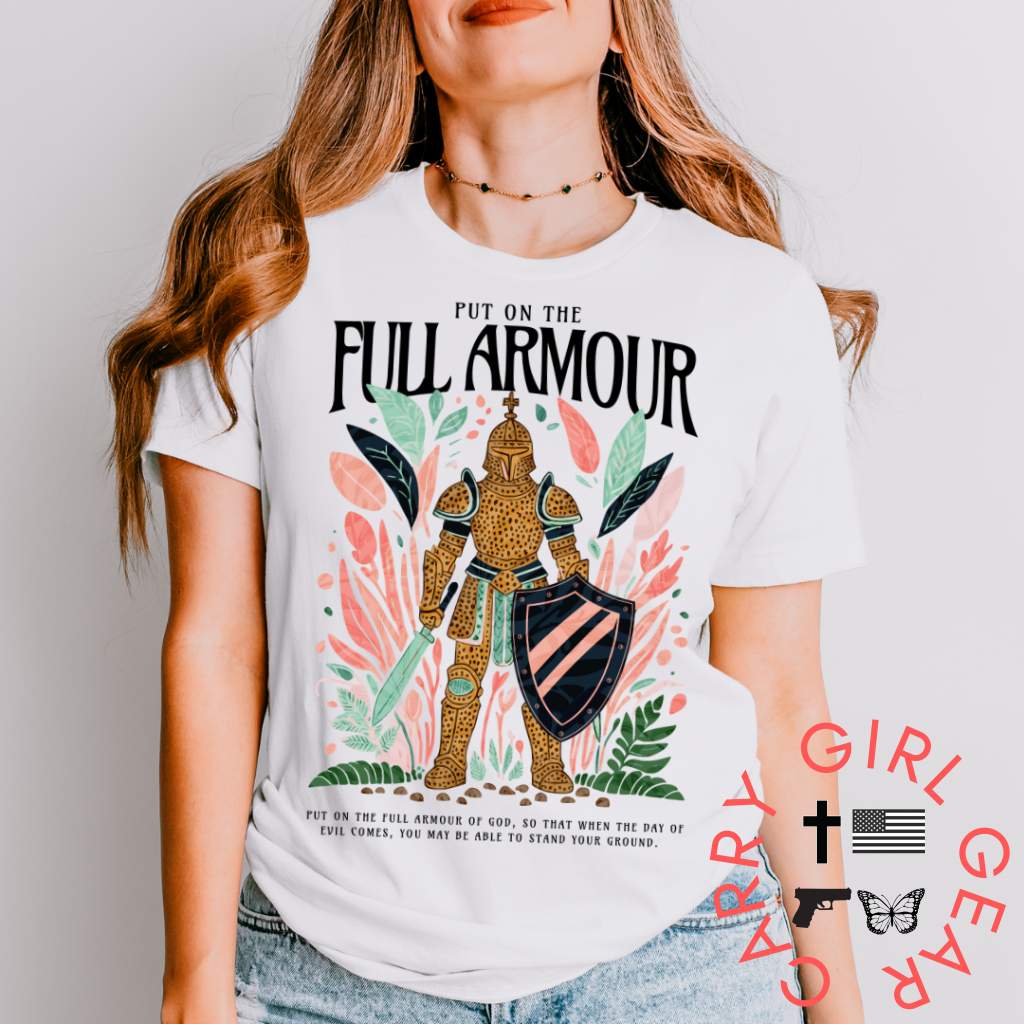 She Stands in Full Armor TEE SM / WHITE / UNISEX CUT CGG PERFECT TEE