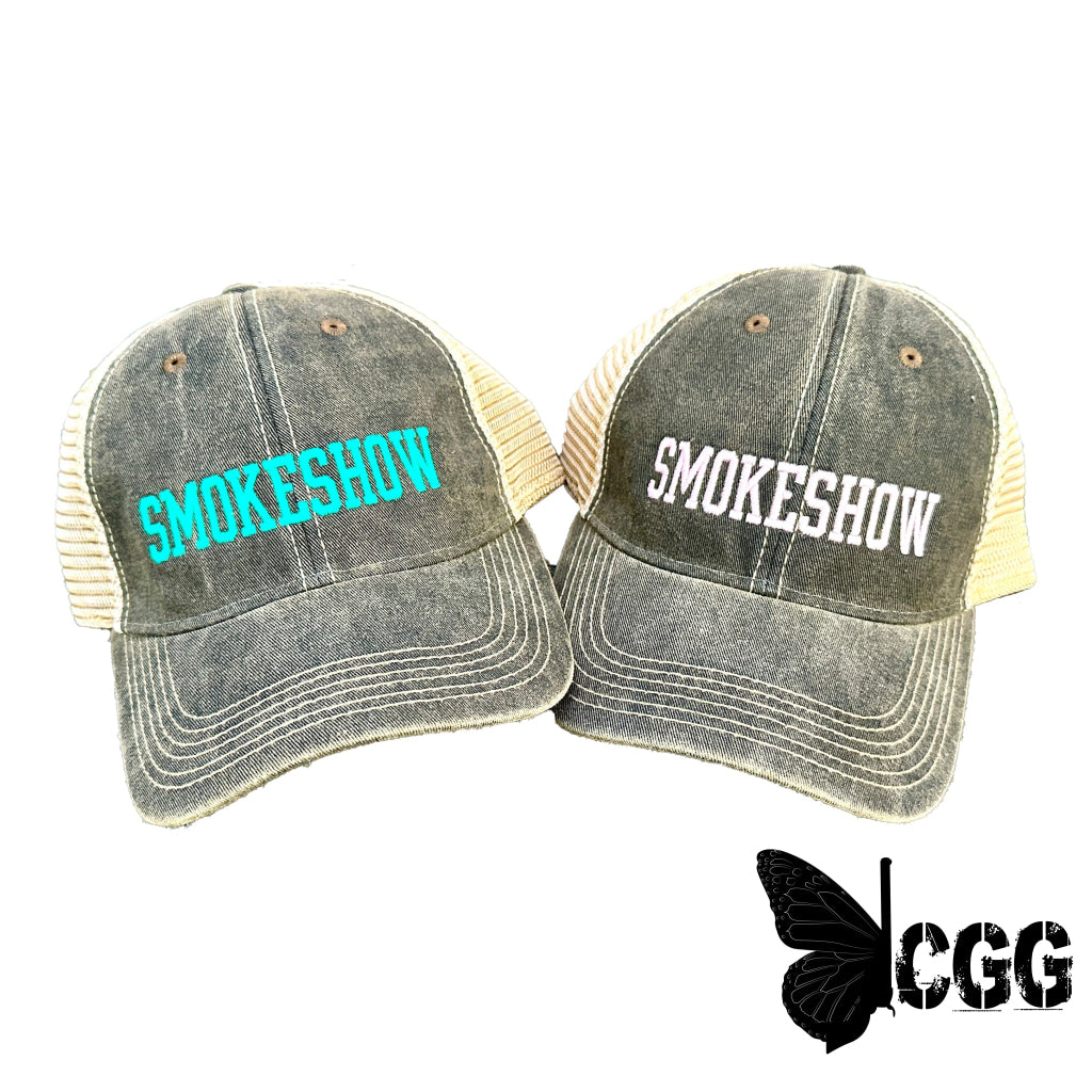 Smokeshow Trucker Hat Distressed Black Embroidered Pink Or Aqua