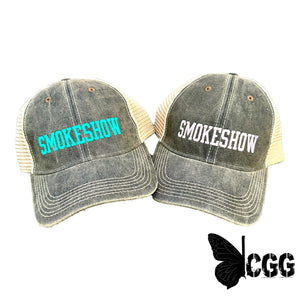 Smokeshow Trucker Hat Distressed Black Embroidered Pink Or Aqua