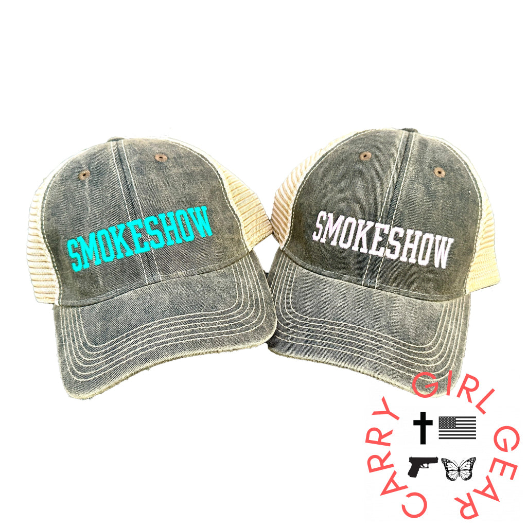 Smokeshow Trucker Hat Distressed Black Embroidered Pink Or Aqua