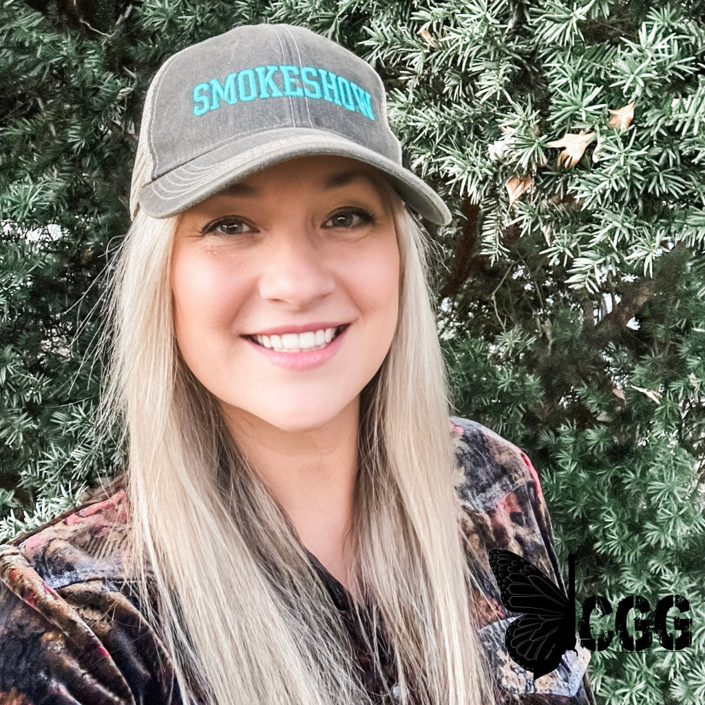 Smokeshow Trucker Hat Distressed Black Embroidered Pink Or Aqua