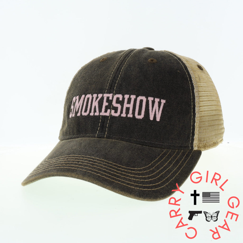 Smokeshow Trucker Hat Distressed Black Embroidered Pink Or Aqua