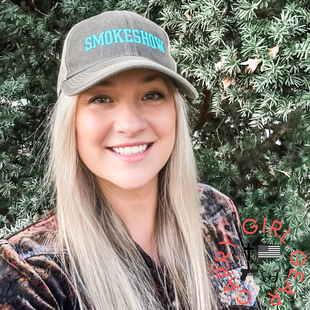 Smokeshow Trucker Hat Distressed Black Embroidered Pink Or Aqua