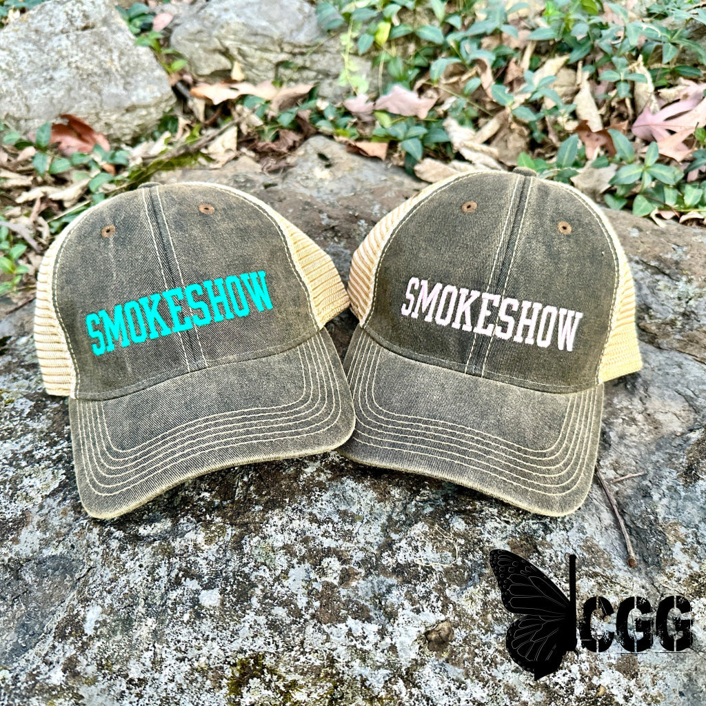 Smokeshow Trucker Hat Distressed Black Embroidered Pink Or Aqua