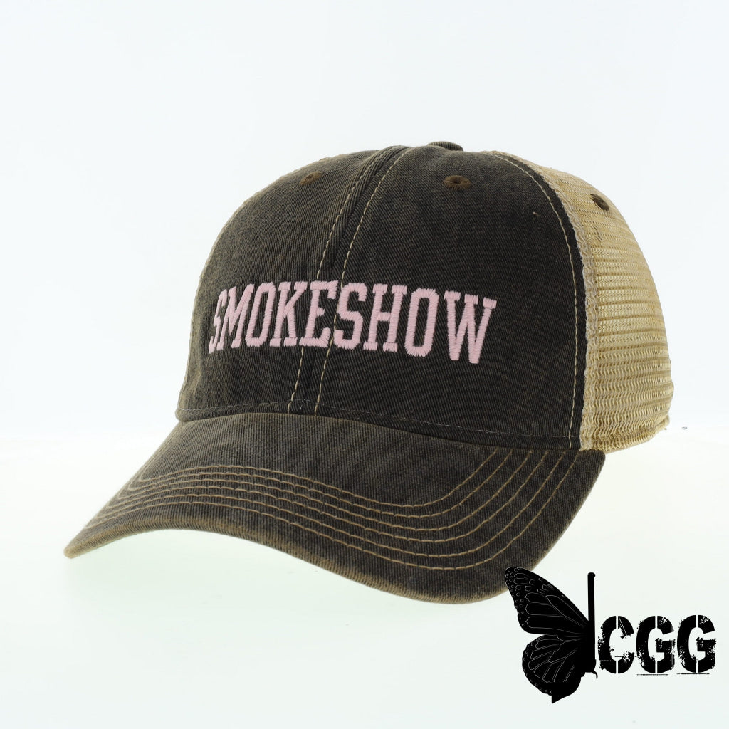 Smokeshow Trucker Hat Distressed Black Embroidered Pink Or Aqua