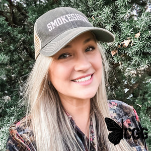 Smokeshow Trucker Hat Distressed Black Embroidered Pink Or Aqua