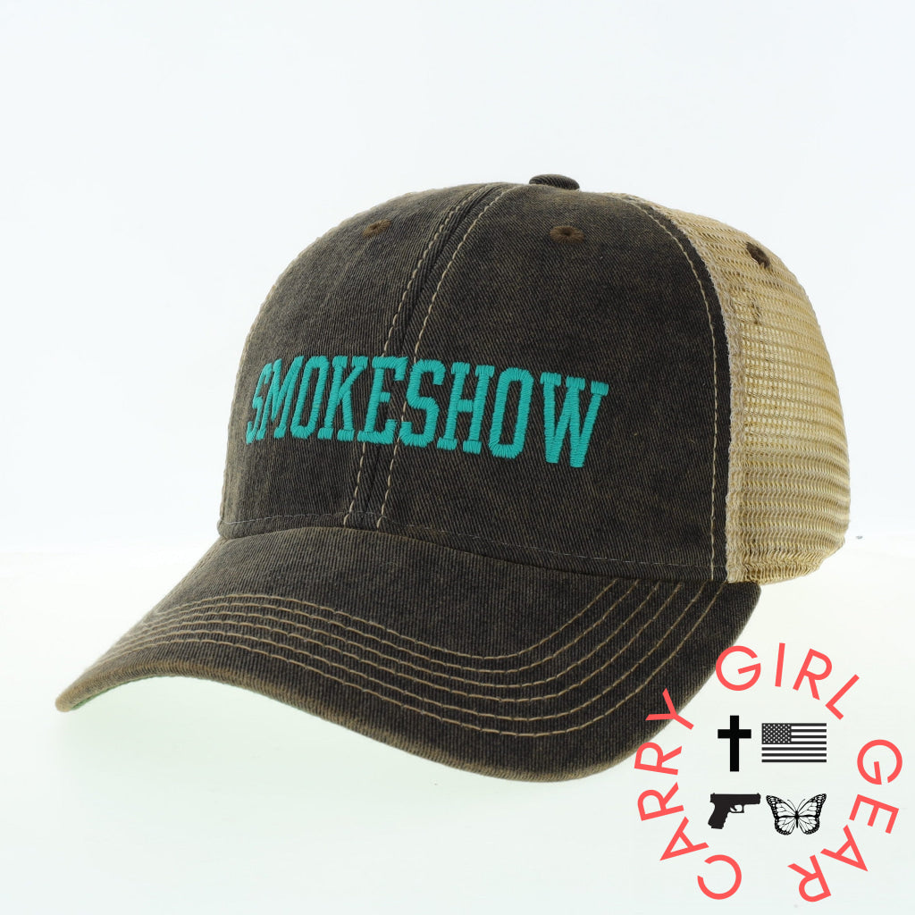 Smokeshow Trucker Hat Distressed Black Embroidered Pink Or Aqua