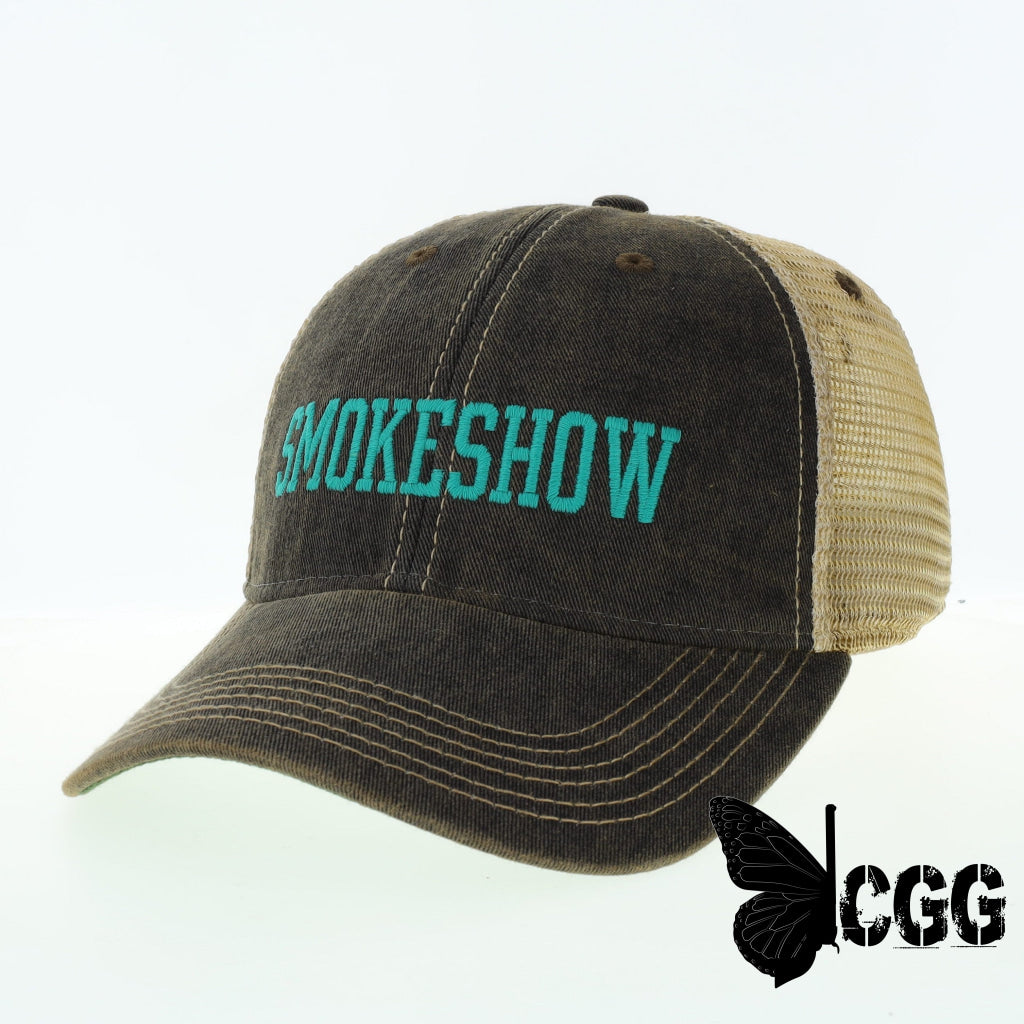 Smokeshow Trucker Hat Distressed Black Embroidered Pink Or Aqua