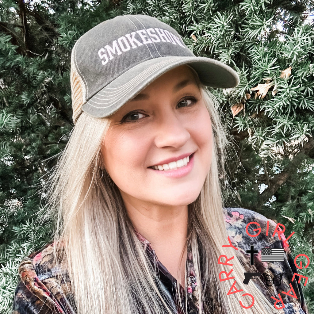 Smokeshow Trucker Hat Distressed Black Embroidered Pink Or Aqua