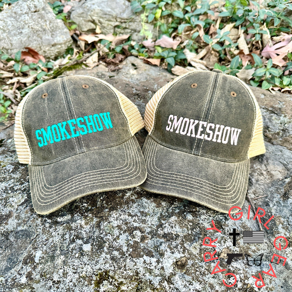 Smokeshow Trucker Hat Distressed Black Embroidered Pink Or Aqua