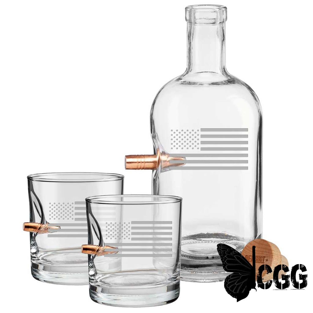 Us Flag Decanter And Two Rocks Glasses